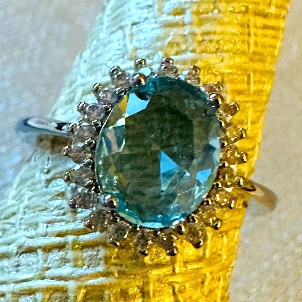 NATURAL AQUAMARINE 925 HALO RING LIGHT BLUE ROUND ART DECO STATEMENT RING